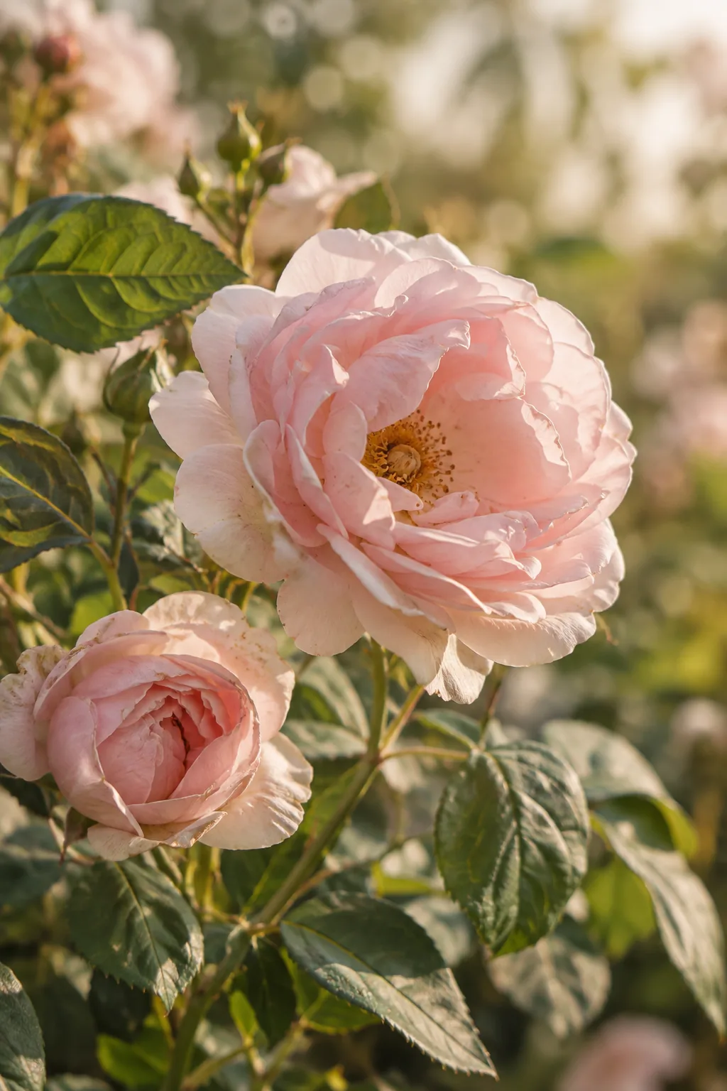 Blush Damask roses among botanical leaves