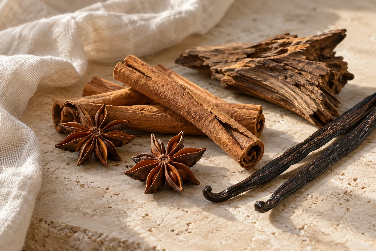 Cinnamon, star anise, vanilla and aromatic wood