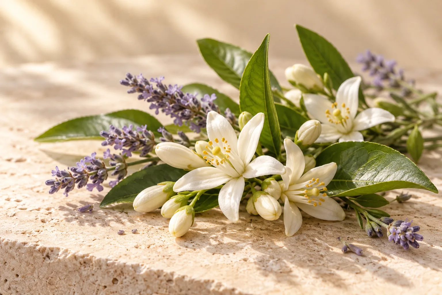 White orange blossoms and lavender on ivory stone