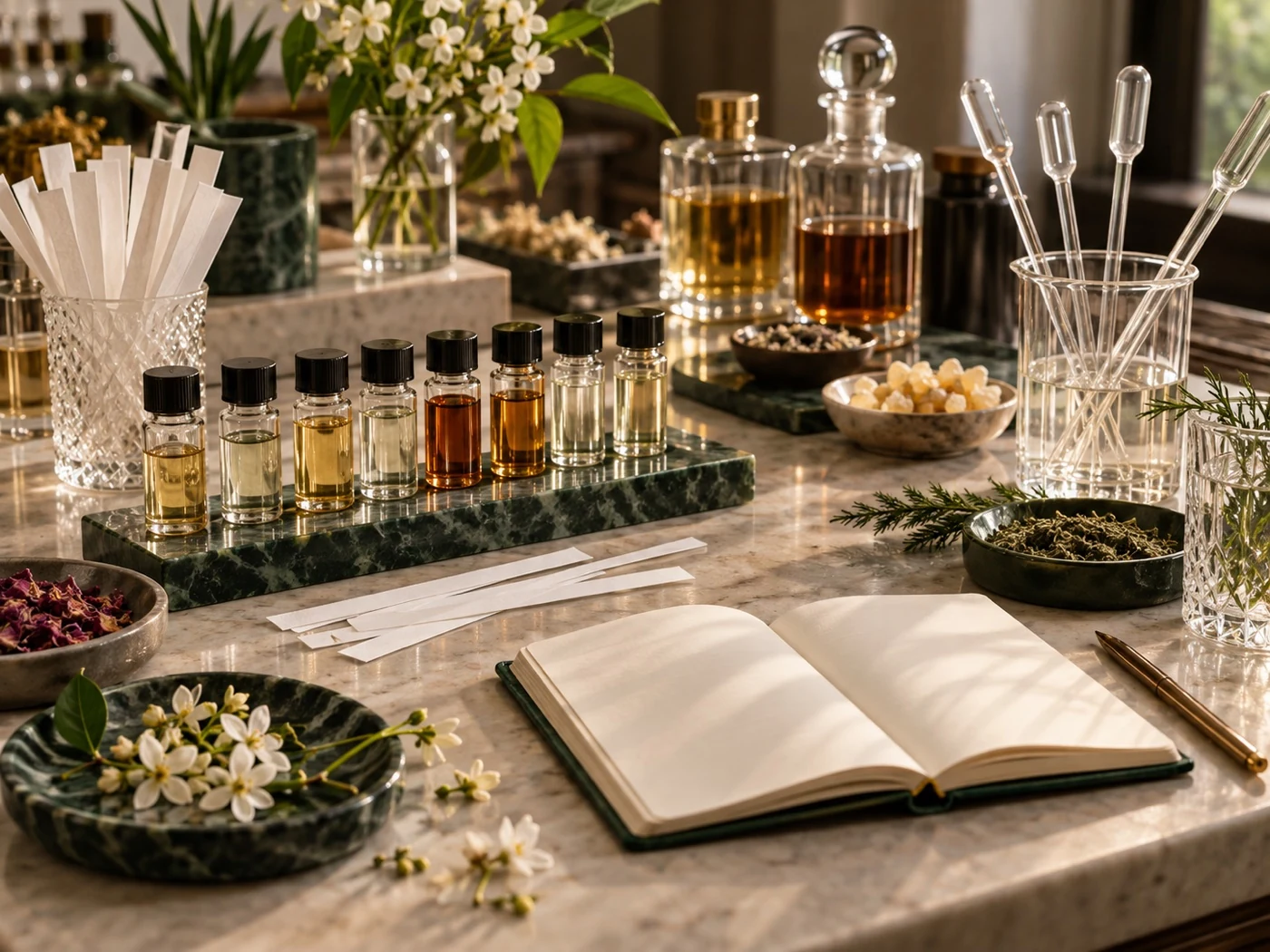 Illustrative fragrance evaluation workbench with samples and scent strips