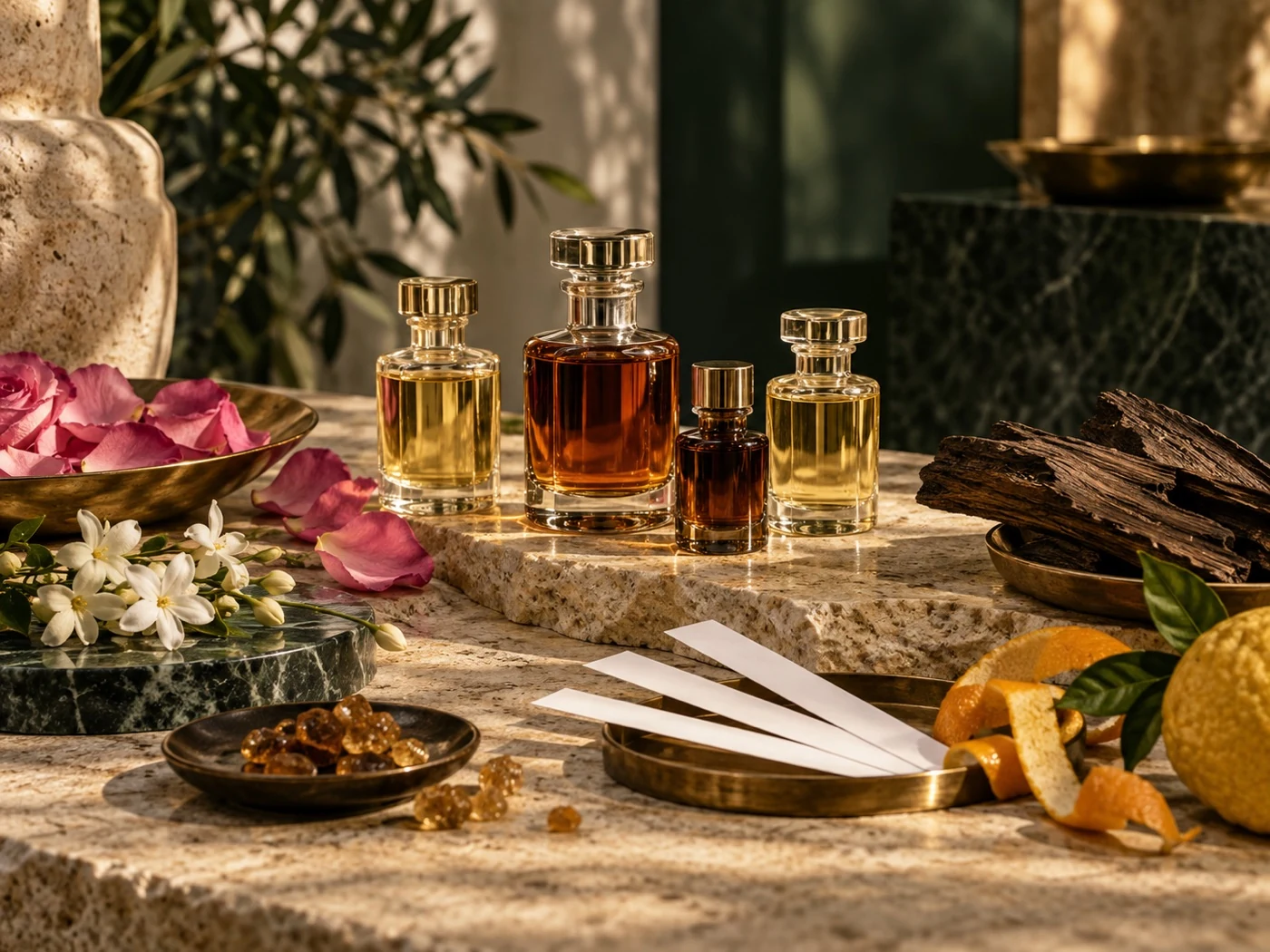 Illustrative fragrance oils with floral and woody raw materials
